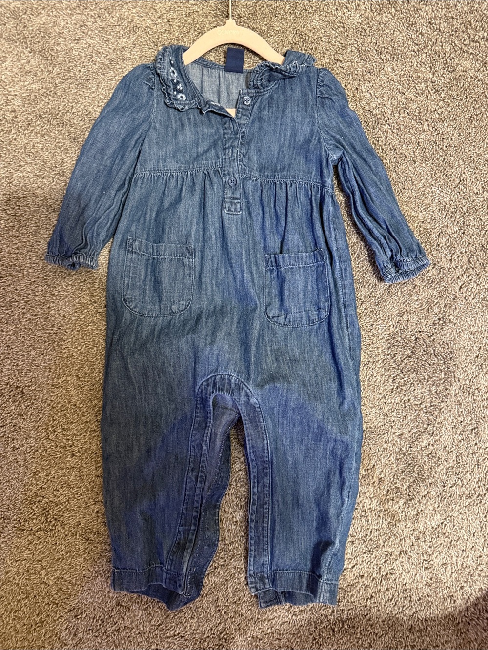 GAP Denim Blue Long-Sleeve Romper with Ruffle Collar